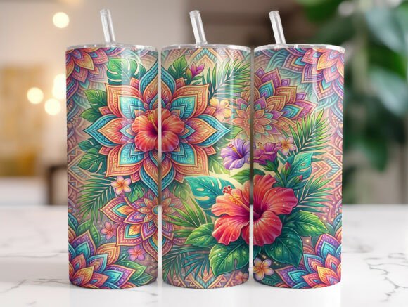 Boho Mandala Tropical Flower Tumbler PNG
