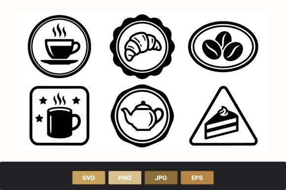 Coffee Cup Croissant Cake Icons Set