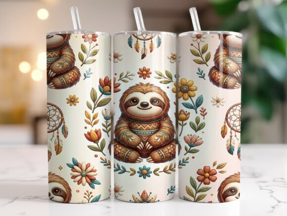 Cute Sloth Bohemian Flowers Tumbler Wrap