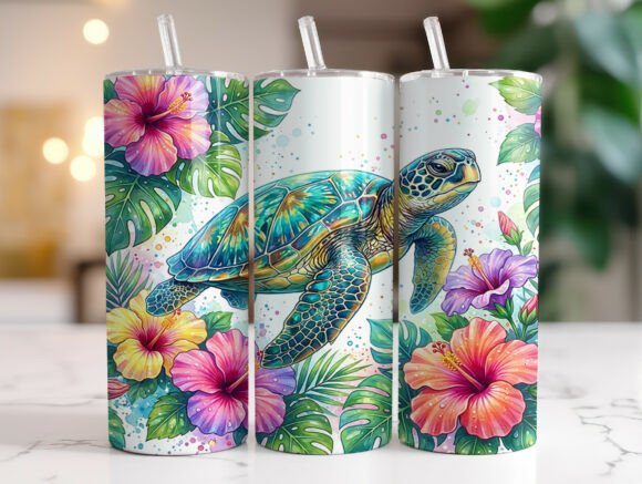 Ocean Sea Turtle Floral Summer Tumbler