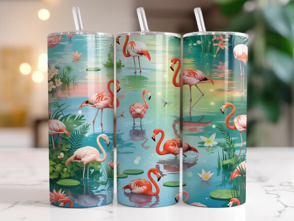 Pink Flamingos and Flowers Tumbler Wrap