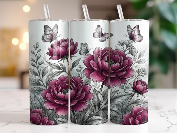 Pink Peony Butterfly Tumbler Sublimation