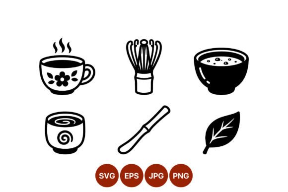 Tea Cup Whisk Bowl Leaf Icon Set