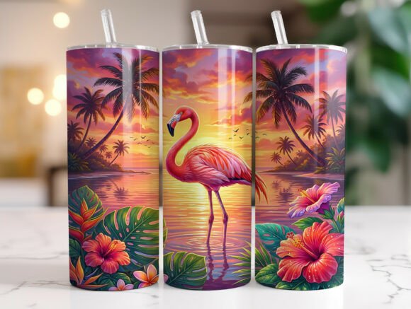 Tropical Flamingo Sunset Beach Tumbler